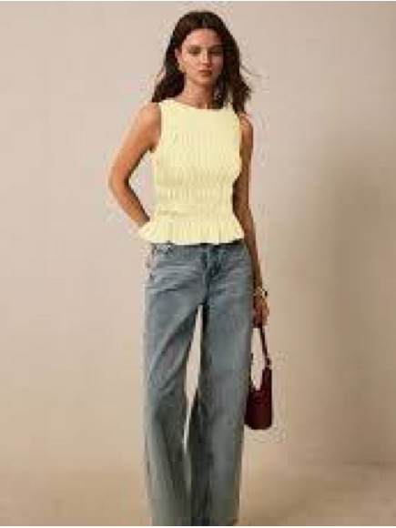 Shein Light Yellow Smocked Ribbed Peplum Tank